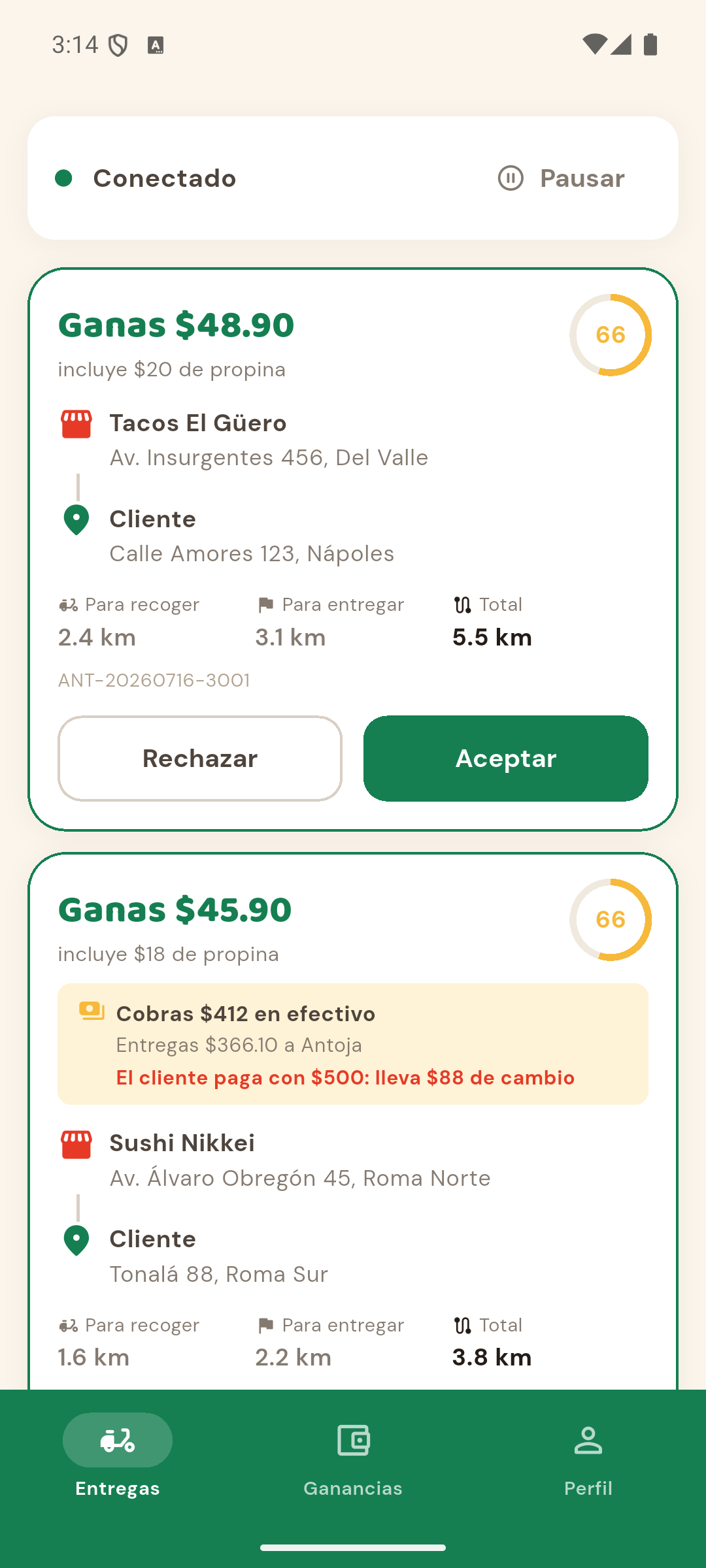 Antoja Repartidor conectado y en línea, listo para recibir pedidos.
