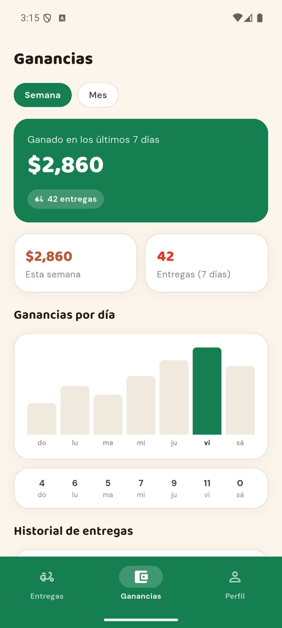 Pantalla de ganancias de Antoja Repartidor, con el detalle de lo cobrado por entrega.