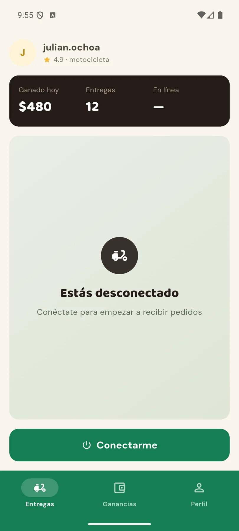 Pantalla de inicio de Antoja Repartidor: nombre, calificación, ganancias del día y el botón para conectarse.