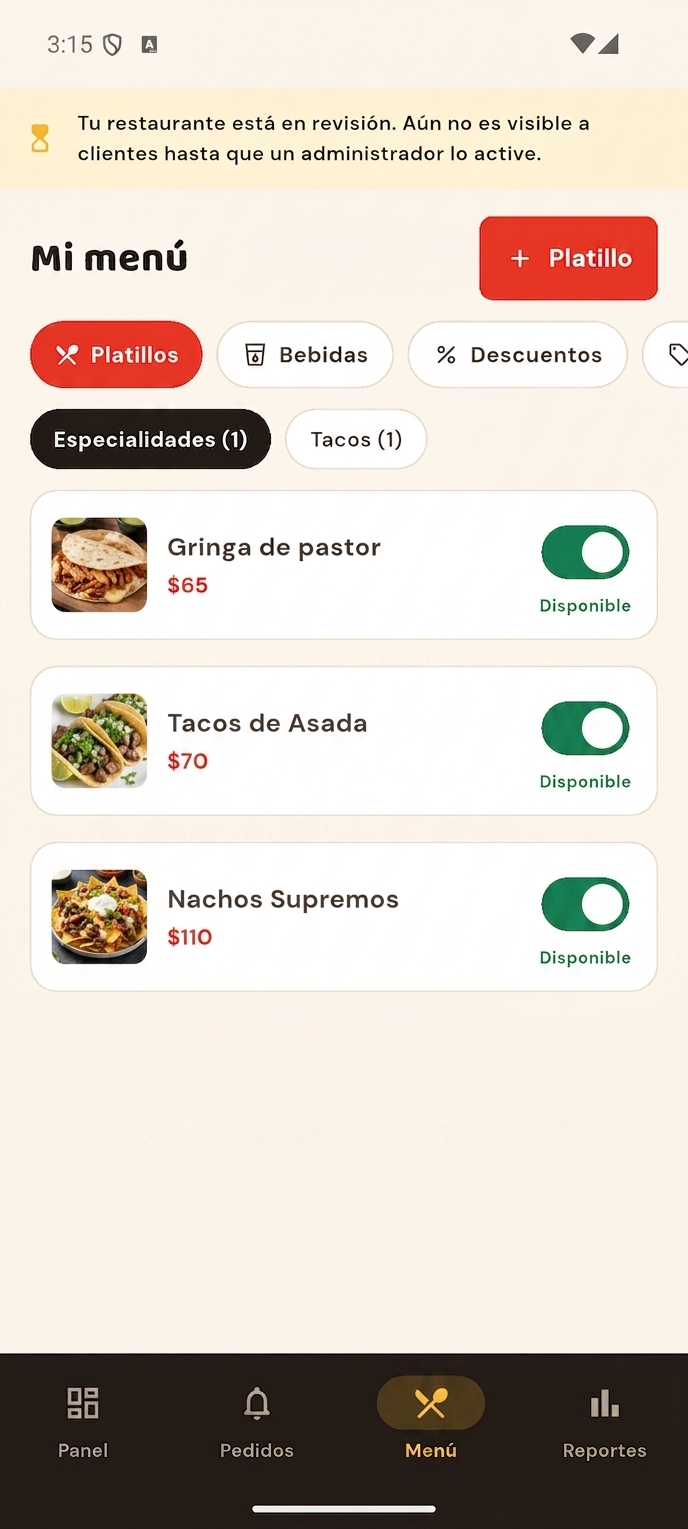 Pantalla de menú de Antoja Negocios, para editar los platillos del negocio.